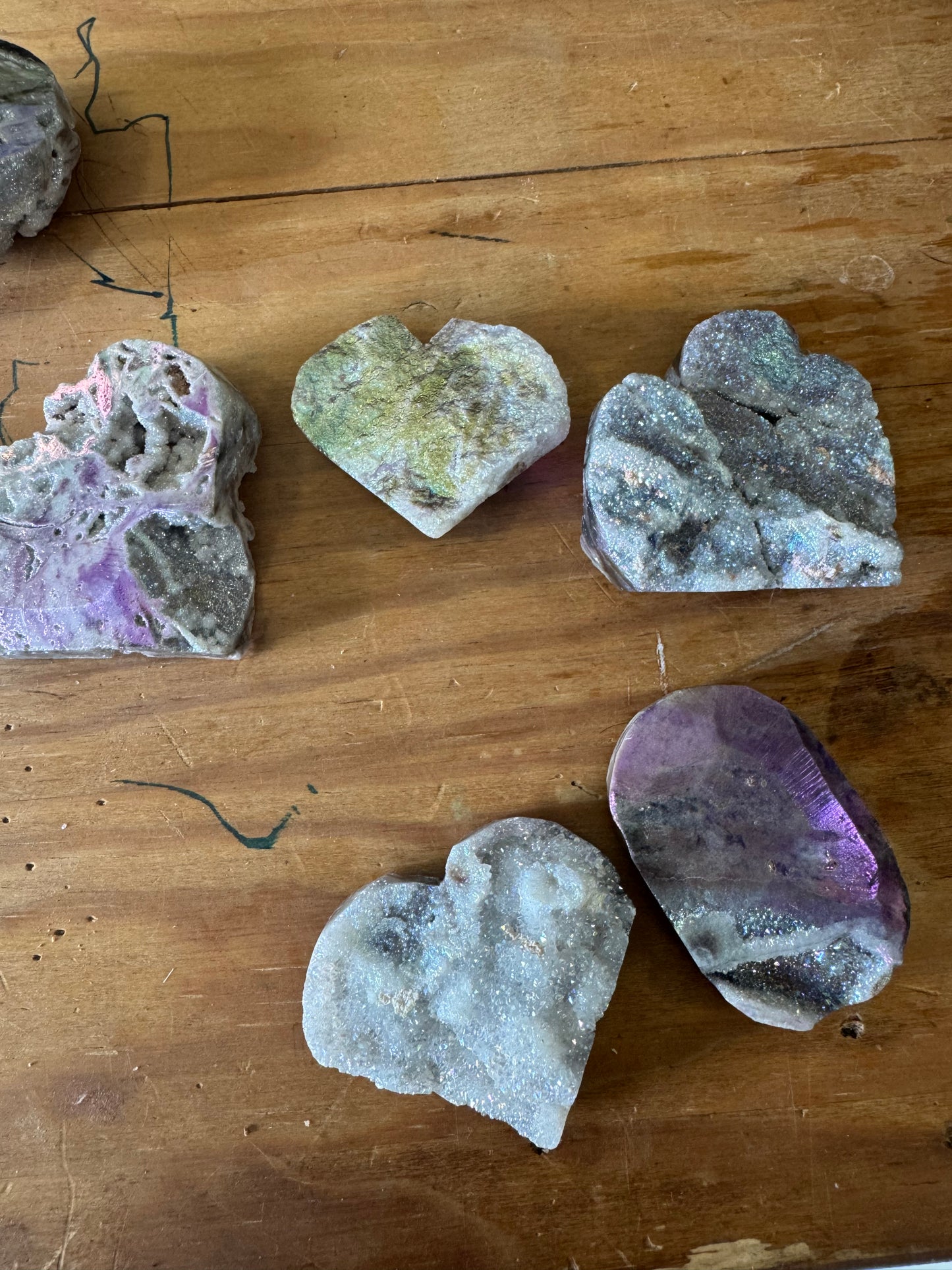 Aura-treated druzy quartz slices