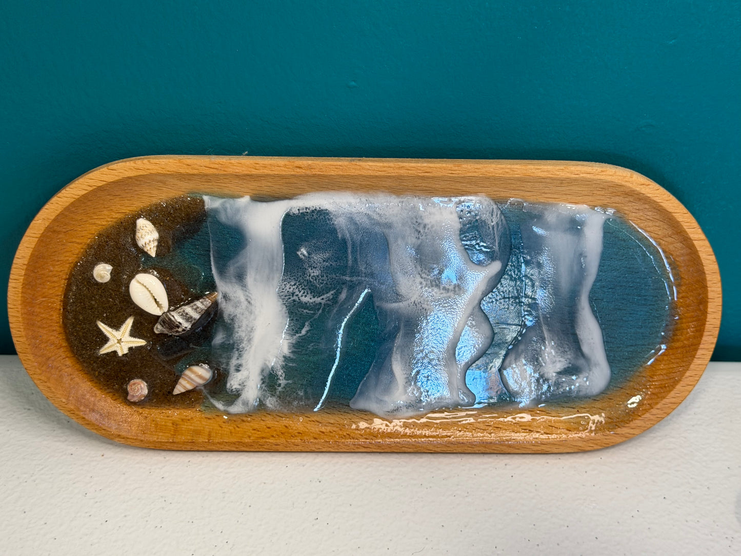 “Tide at Dusk” Ocean Resin + Wood Trinket Tray
