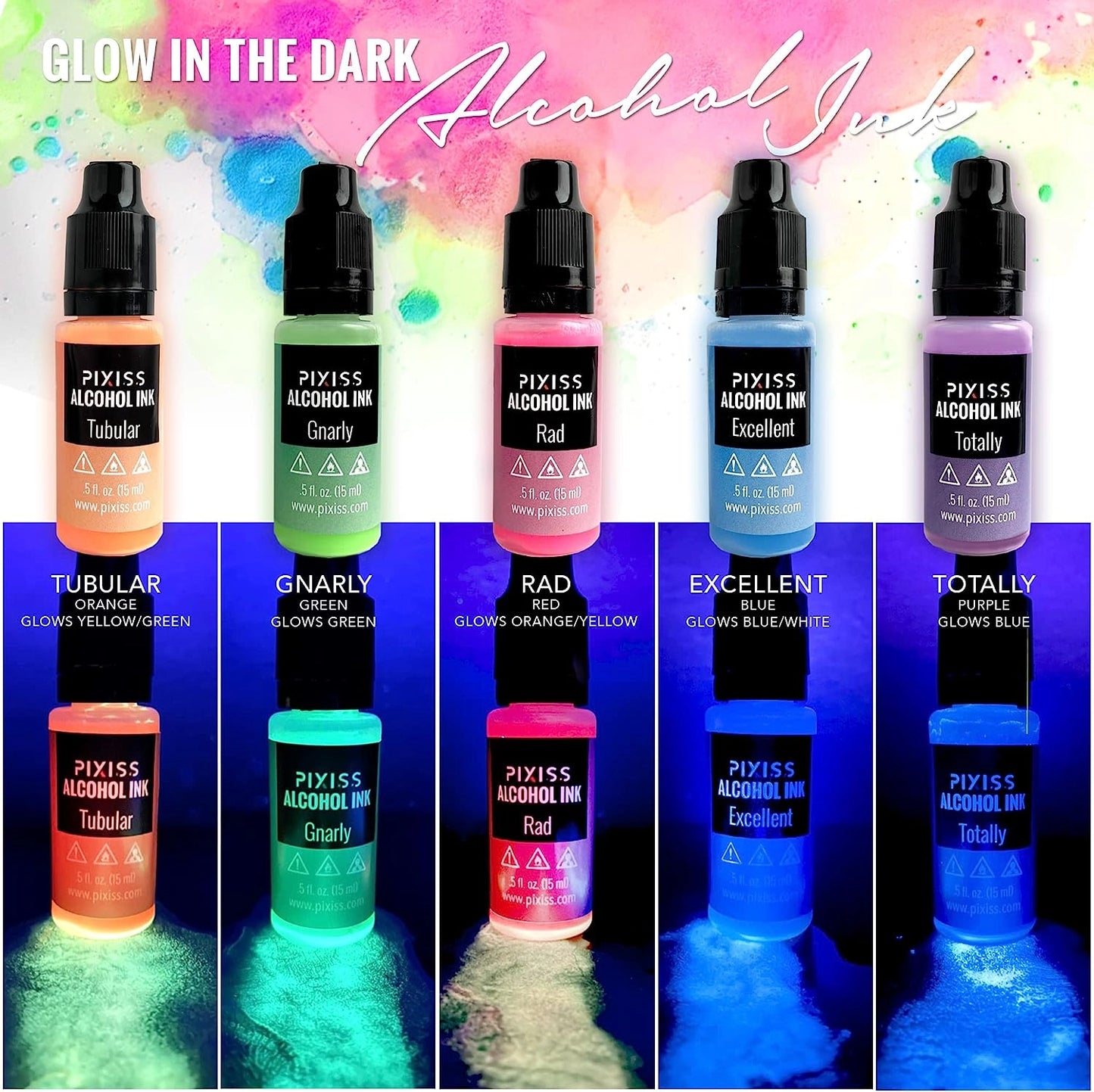 Pixiss Alcohol Ink Set of 5 - Glow in the Dark