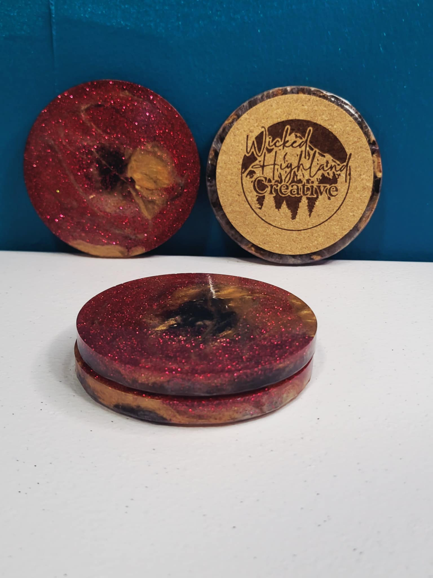 Set of 4 - Crimson Ember Resin & Wood Coaster Set 🔥✨