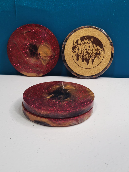 Set of 4 - Crimson Ember Resin & Wood Coaster Set 🔥✨