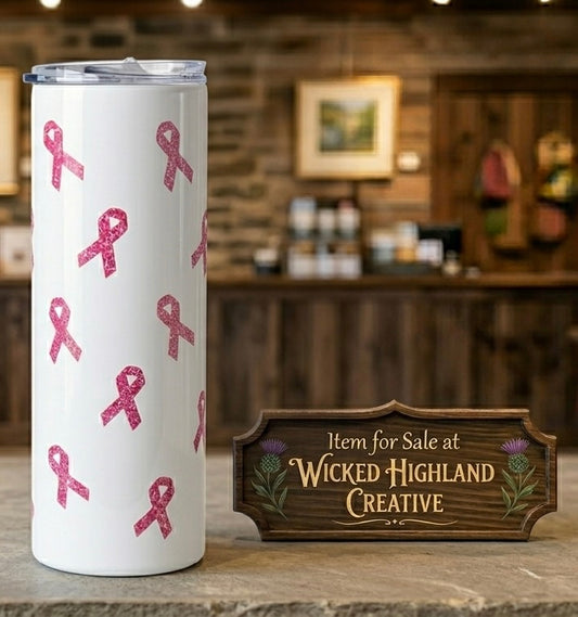 Pink Ribbon Sublimated Skinny Tumbler — Breast Cancer Awareness