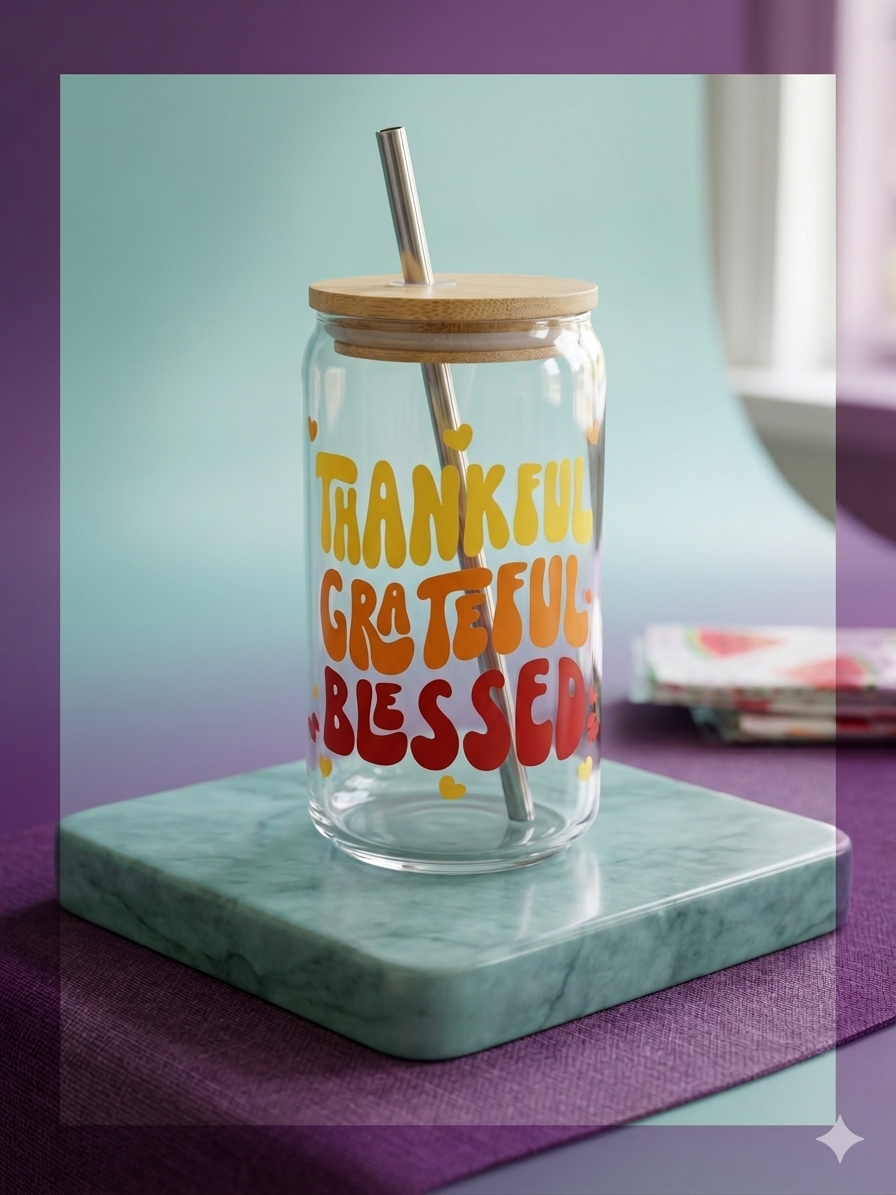 "Thankful · Grateful · Blessed" Glass Can Cup with Bamboo Lid & Straw