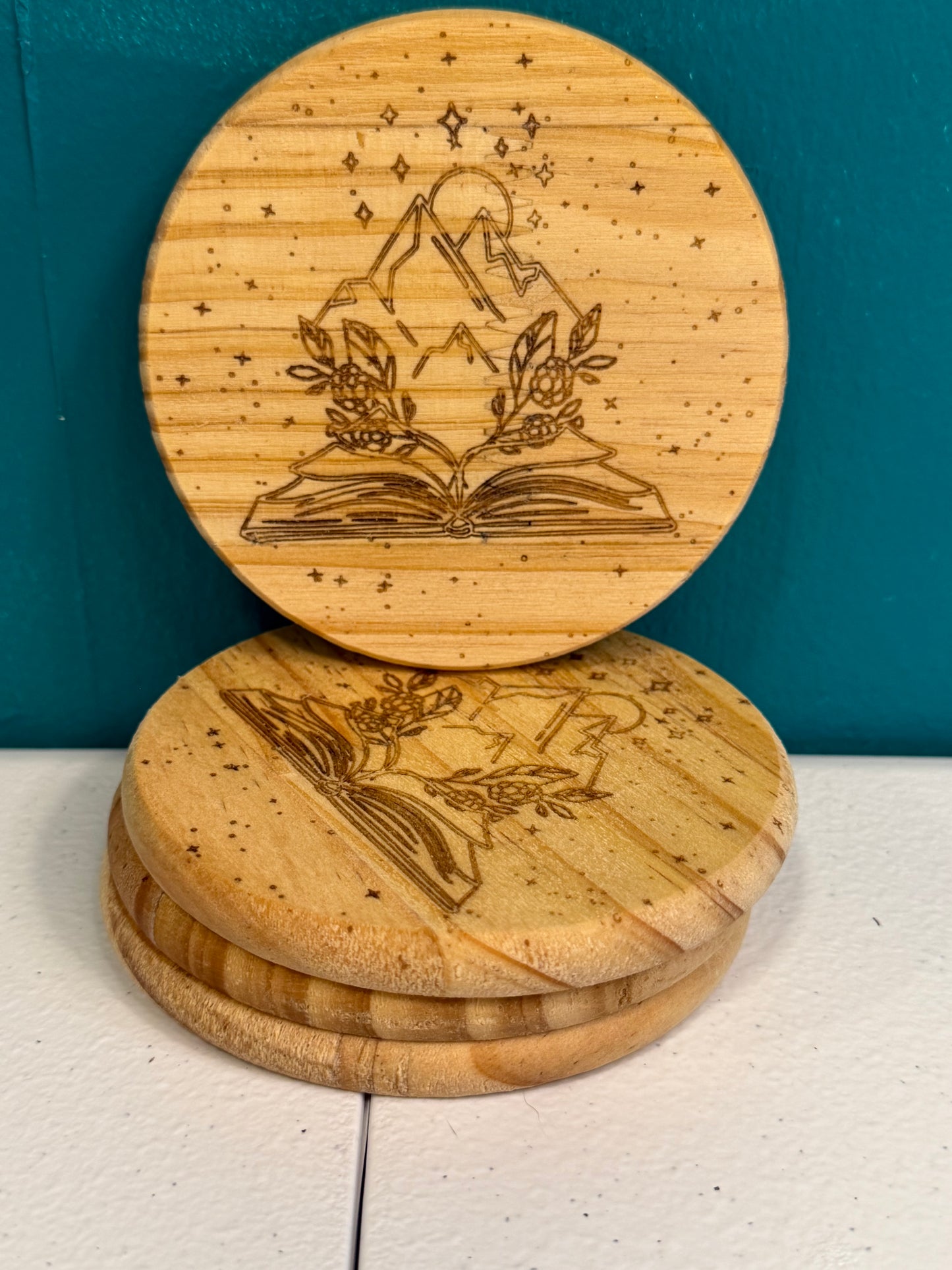 Set of 4 - “Stories in the Mountains” Laser-Engraved Wooden Coaster Set