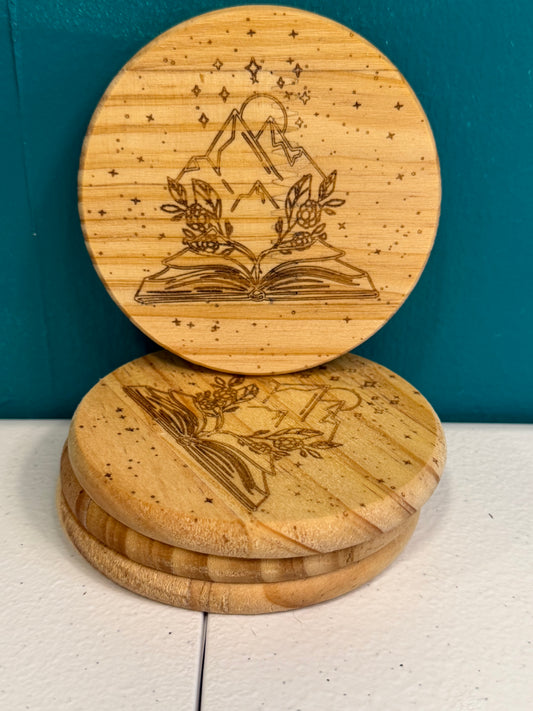 Set of 4 - “Stories in the Mountains” Laser-Engraved Wooden Coaster Set