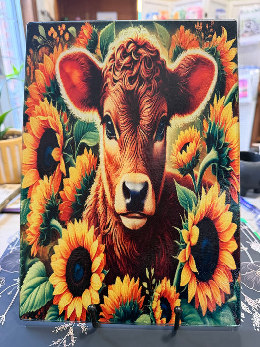 Cow & Sunflowers Glass Cutting Board