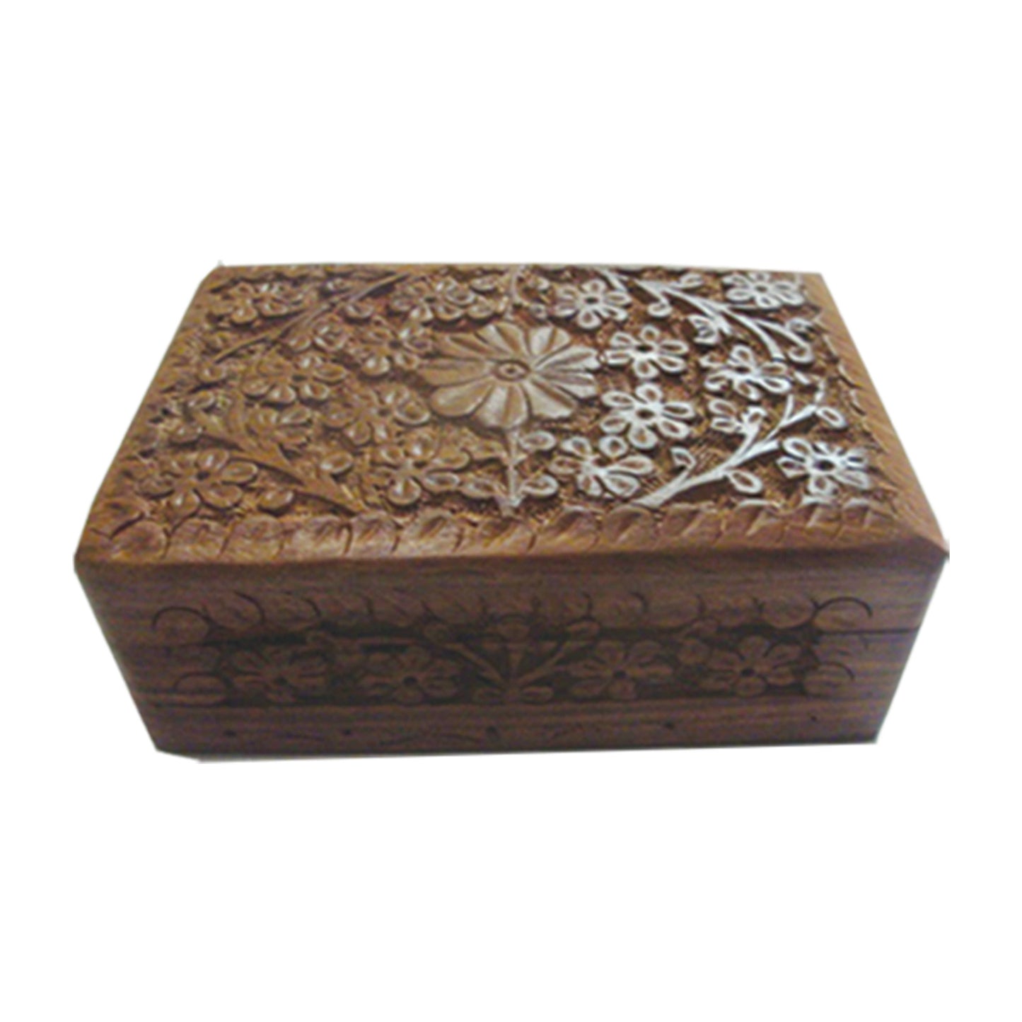 Daisy Carved Wooden Jewelry Box with Front Design – 6 x 4 in.